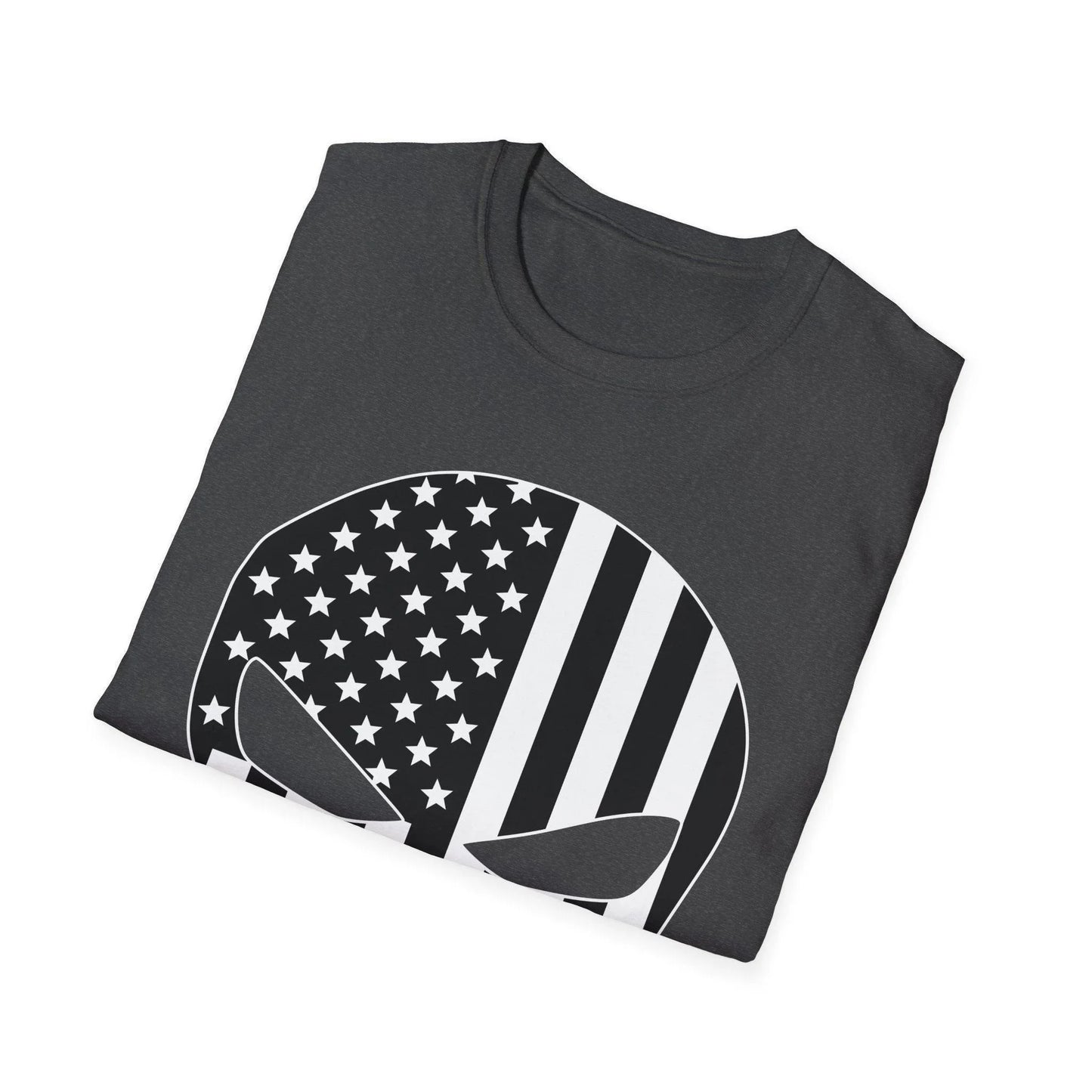 Close-up of black and white American Skull Flag graphic on soft, slim-fit heather gray T-shirt's front neckline area