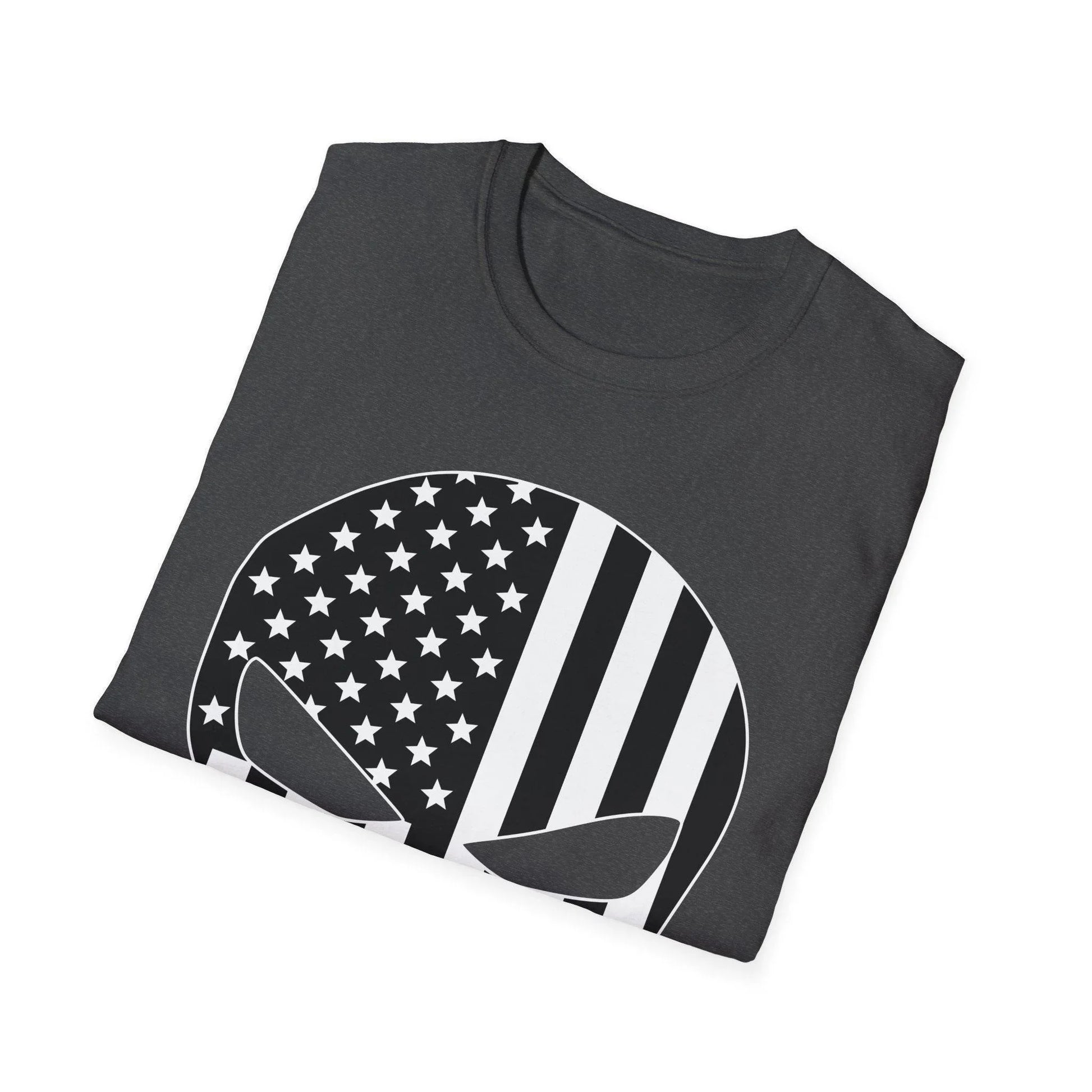 Close-up of black and white American Skull Flag graphic on soft, slim-fit heather gray T-shirt's front neckline area