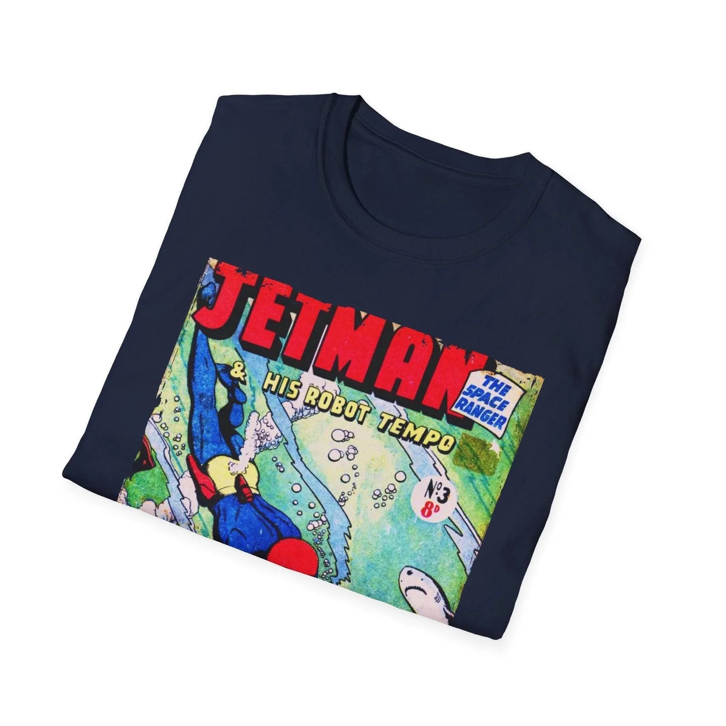 Close-up of the Jetman No.3 unisex softstyle T-shirt’s relaxed fit neckline and smooth cotton-blend fabric texture from a