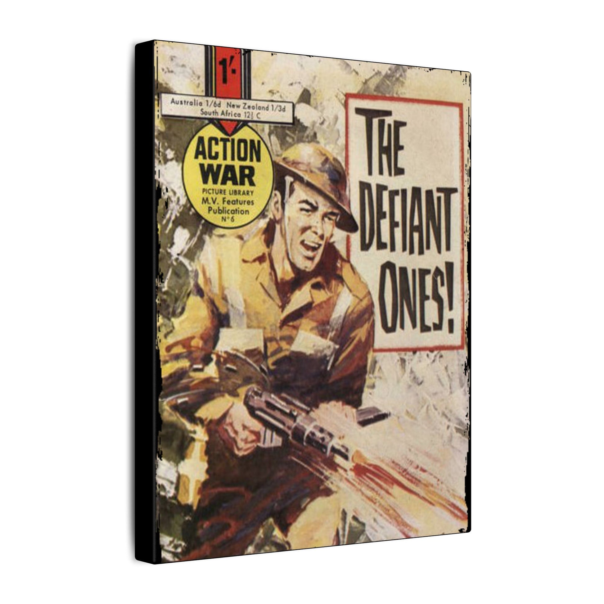 Close-up of "Action War #6" comic book cover detailing vibrant illustration and textured canvas material from a diagonal