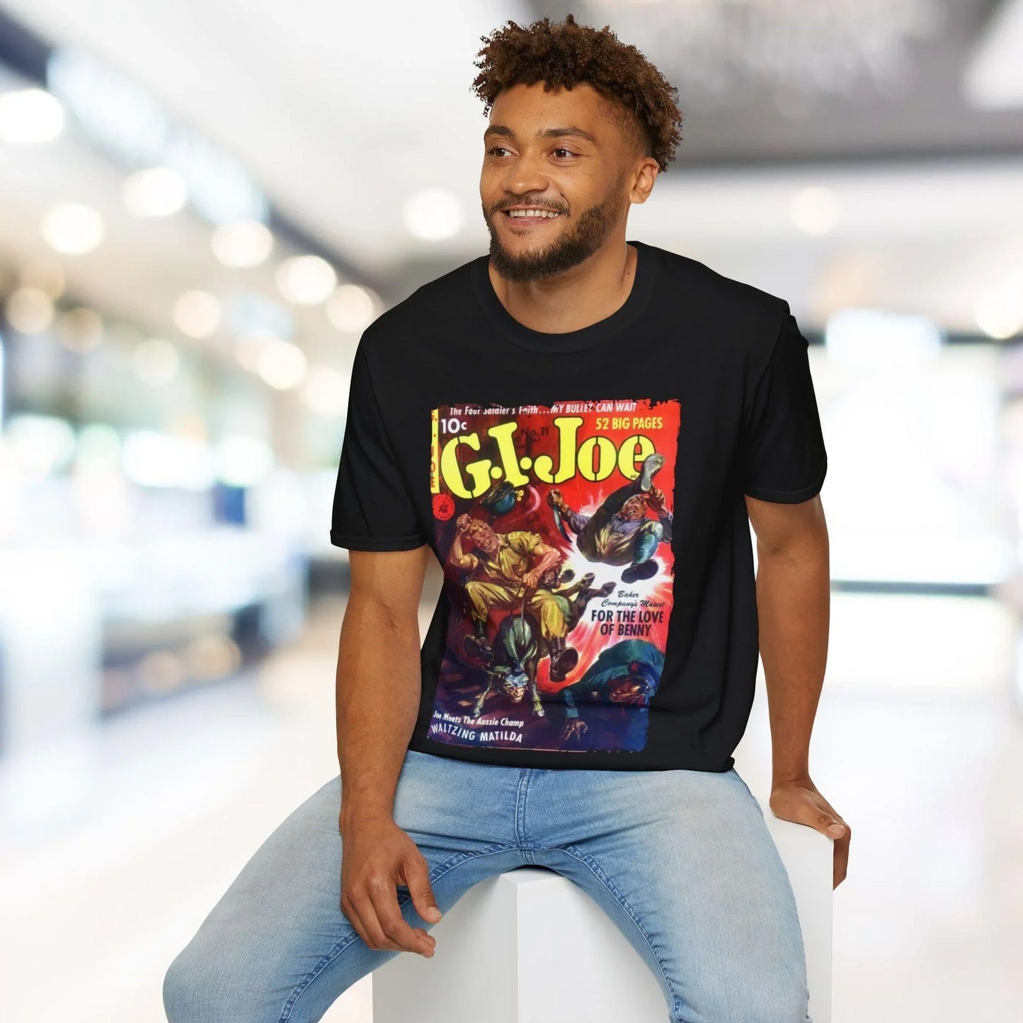 Close-up of the G.I. Joe No.11 softstyle T-shirt's neckline featuring reinforced stitching and a small woven brand label on