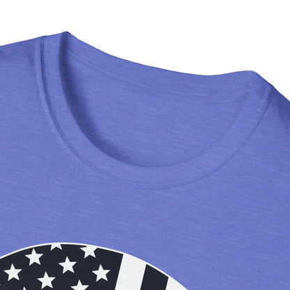 Close-up of the unisex black and white American Skull Flag print on soft cotton fabric, highlighting detailed graphic design