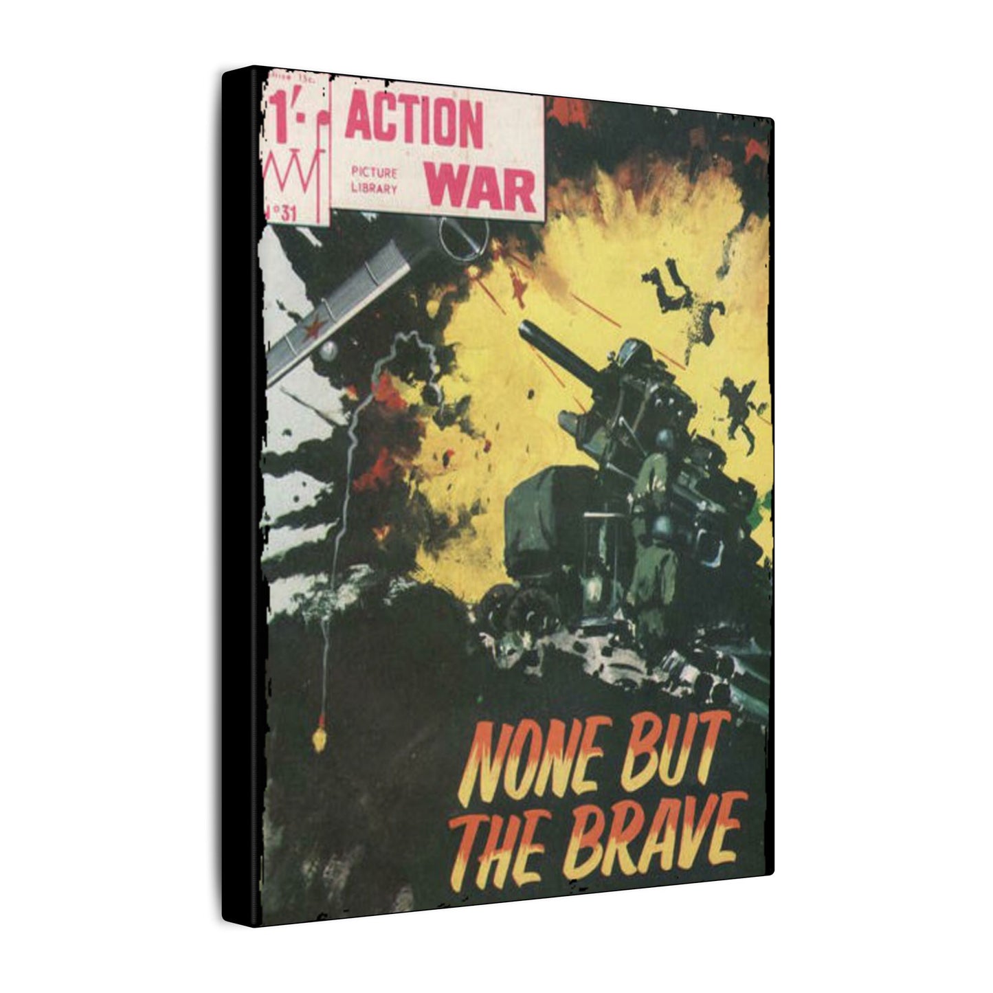 Close-up of the vibrant, detailed comic art on the canvas edge, highlighting textured ink lines and bold color accents.