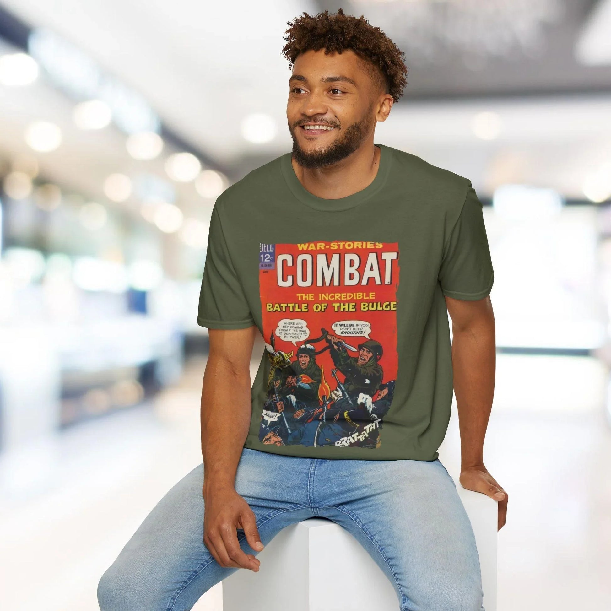 Close-up of the Combat June 1966 T-shirt’s soft cotton fabric, showing the subtle textured surface and relaxed fit from a