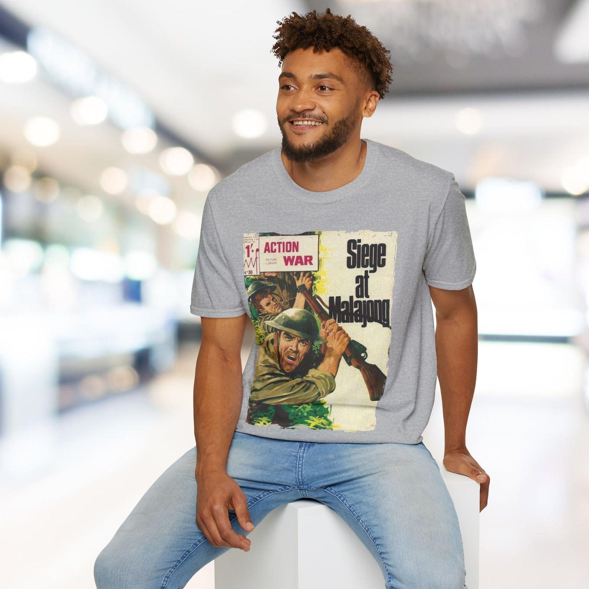 Close-up of the unisex softstyle T-shirt's neckline and textured fabric detail in charcoal gray from a front slightly angled