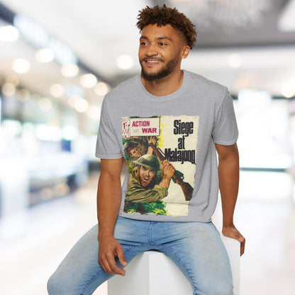 Close-up of the unisex softstyle T-shirt's neckline and textured fabric detail in charcoal gray from a front slightly angled