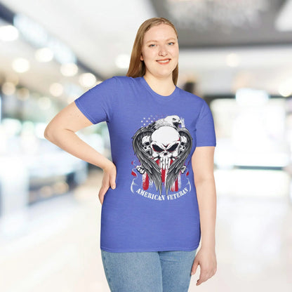 Rear view highlighting the relaxed fit, heather navy color, and crew neckline of the American Veteran unisex softstyle