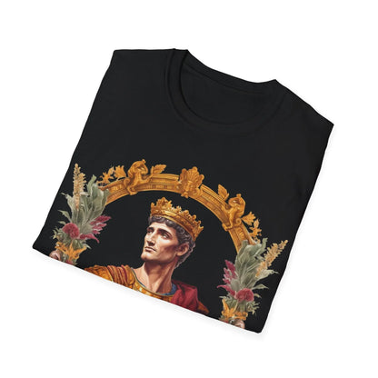 Close-up of the soft cotton fabric and subtle Emperor graphic detail on the chest of the relaxed fit, deep navy unisex