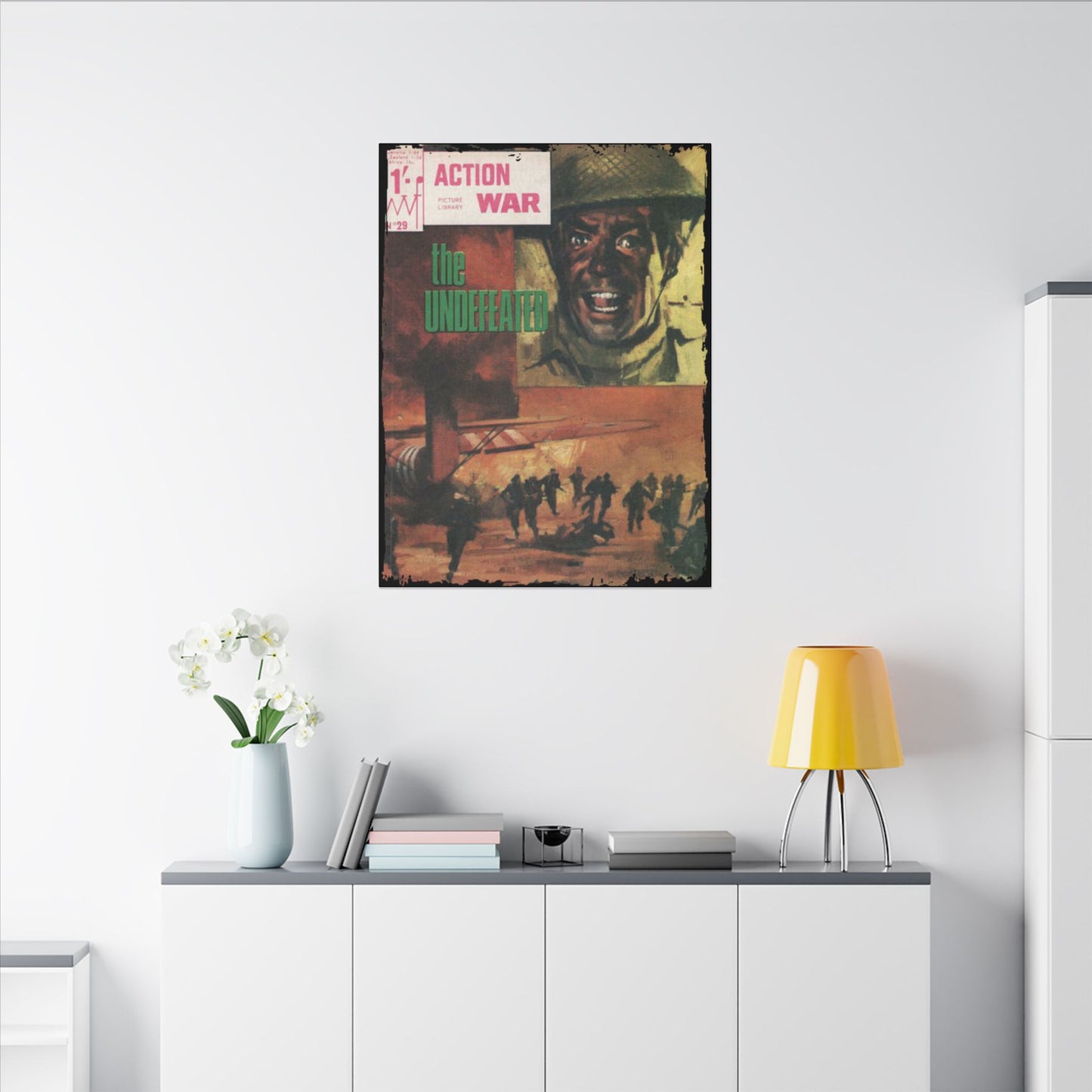 Close-up of the vibrant comic book cover art on matte canvas, highlighting dynamic illustration details and bold color