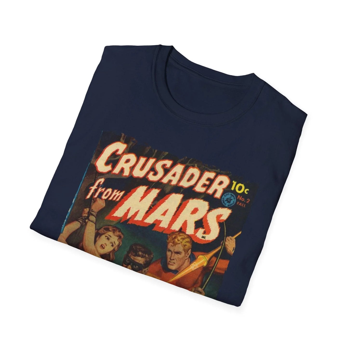 Close-up of the Crusader from Mars 2 T-shirt's front neckline showing reinforced stitching and soft cotton fabric in vibrant
