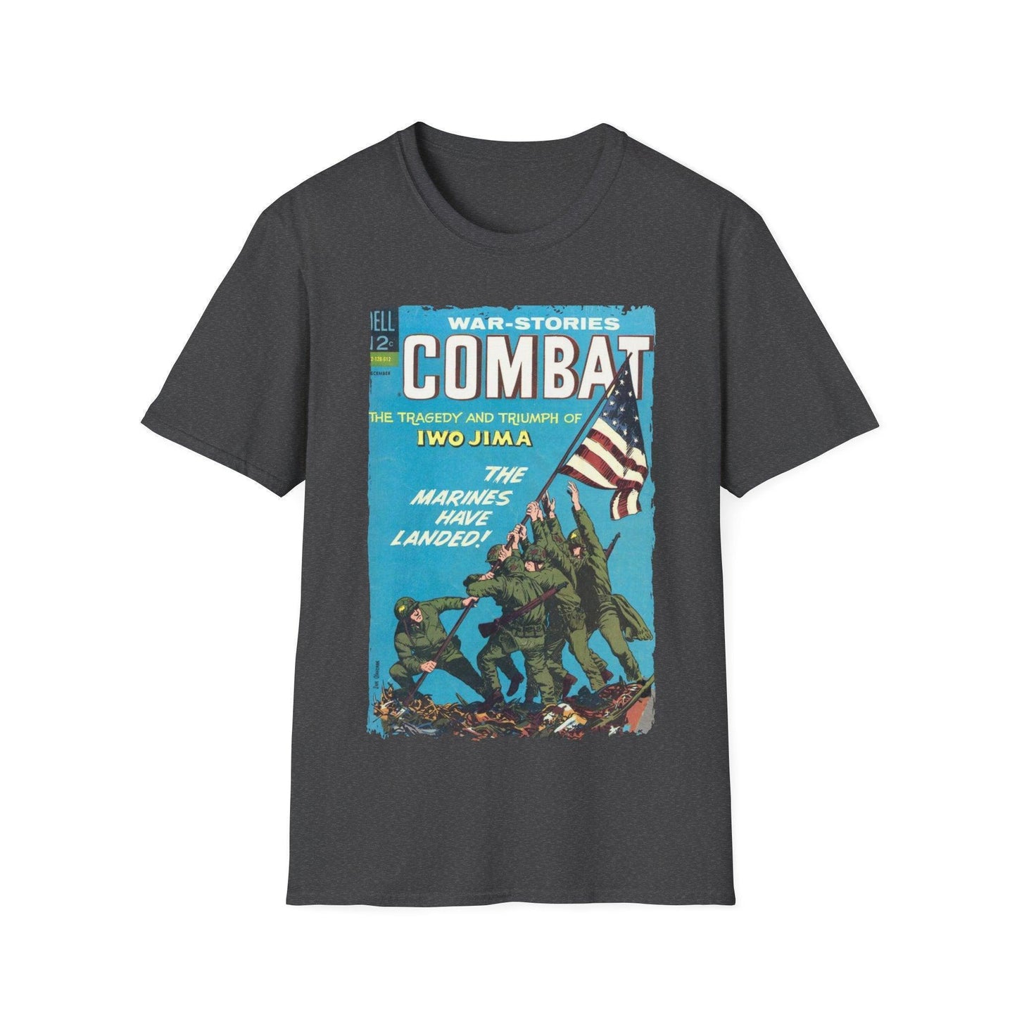 Close-up of the unisex softstyle T-shirt’s smooth fabric texture and subtle stitching along the crew neckline in vibrant