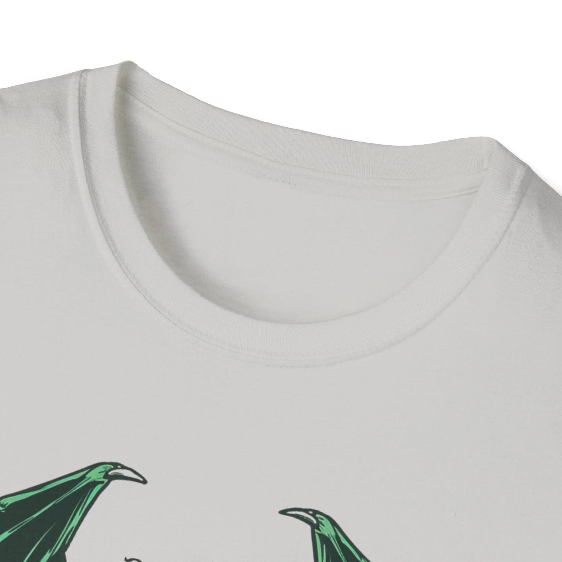 Front neckline detail highlighting the soft fabric and relaxed fit of the black unisex T-shirt with Cthulhu-themed print.