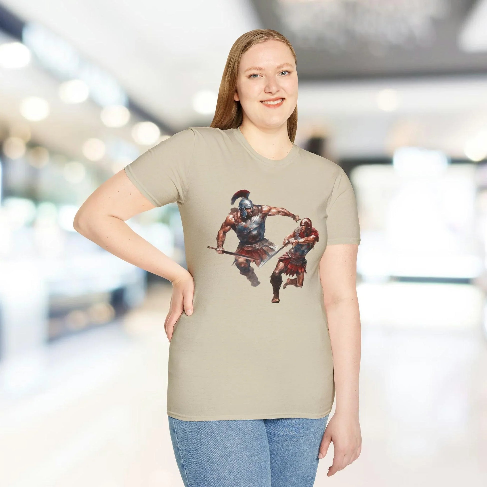 Close-up of the unisex softstyle T-shirt fabric showing smooth texture and subtle stitching detail on the heather gray