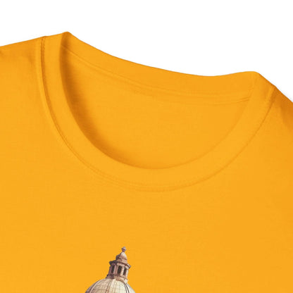 Close-up of the unisex fit tag sewn inside the heather slate blue cotton-blend T-shirt at the neckline seam