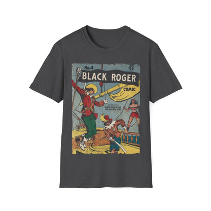 Close-up of the Black Roger No.4 T-Shirt's relaxed fit neckline and soft cotton fabric texture from a slightly elevated