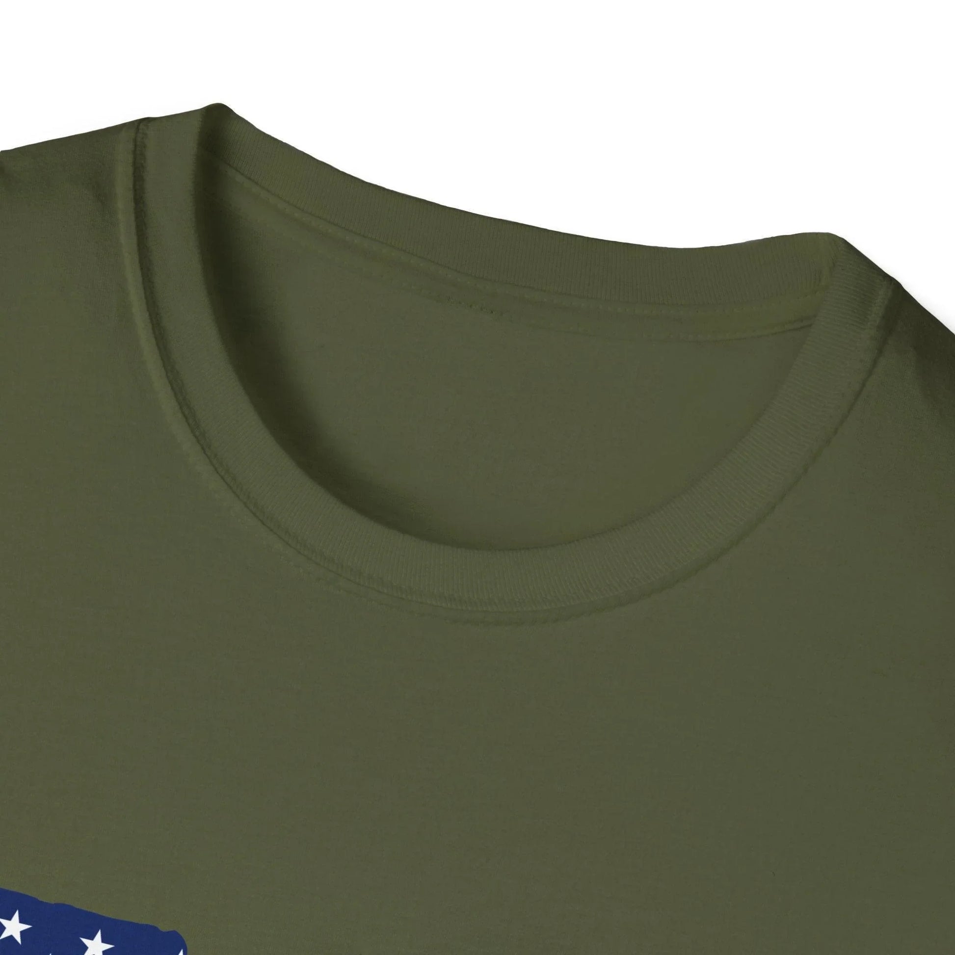 Close-up of the American flag guns graphic on the chest of the relaxed fit, heather royal blue softstyle unisex T-shirt