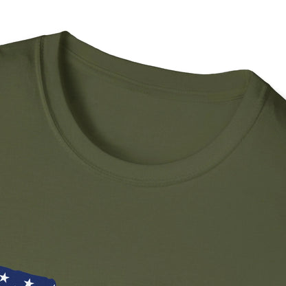 Close-up of the American flag guns graphic on the chest of the relaxed fit, heather royal blue softstyle unisex T-shirt