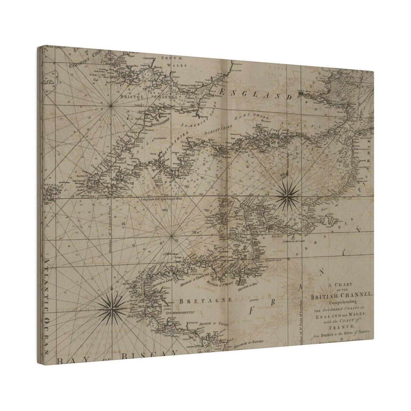 Close-up of the Chart of the British Channel with detailed nautical markings and textured linen canvas finish