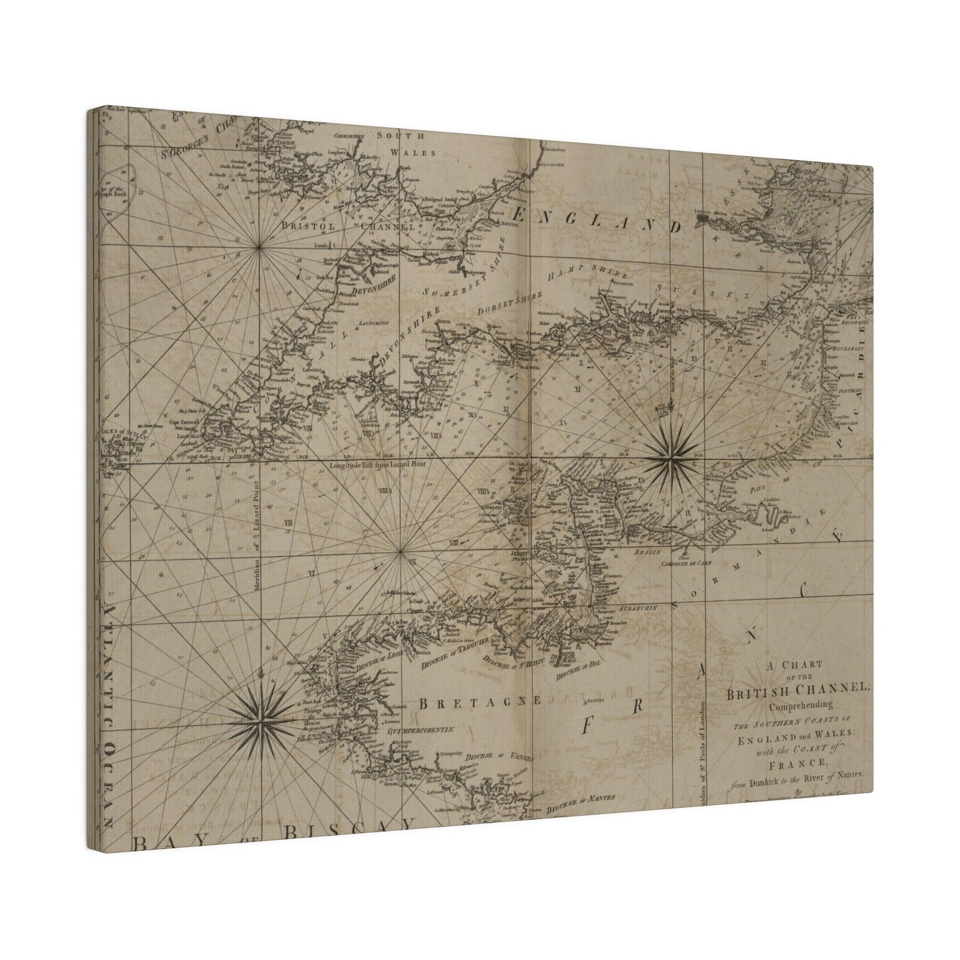 Close-up of the Chart of the British Channel with detailed nautical markings and textured linen canvas finish
