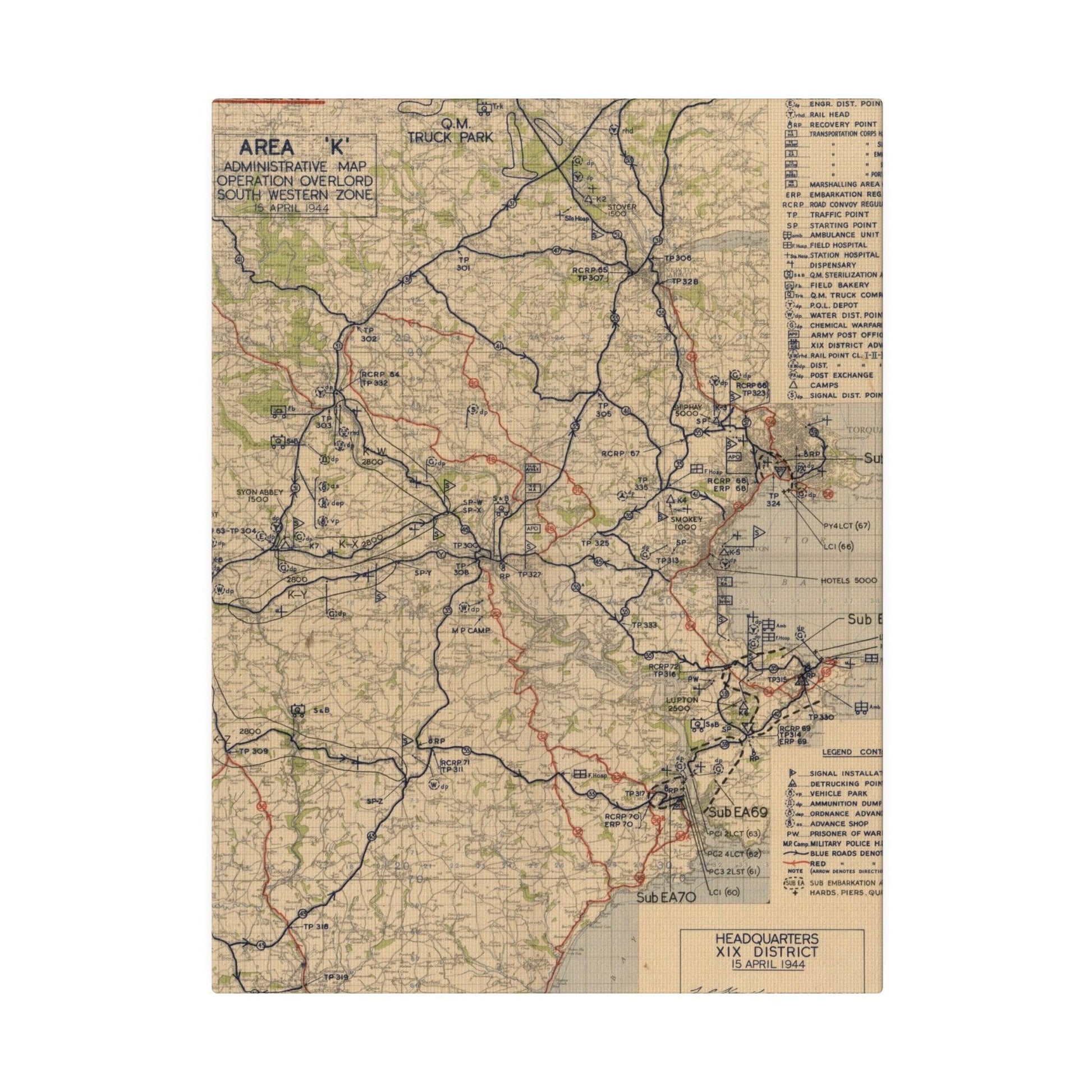 Close-up of detailed map markings and handwritten annotations on the southwestern zone section for Operation Overlord, April