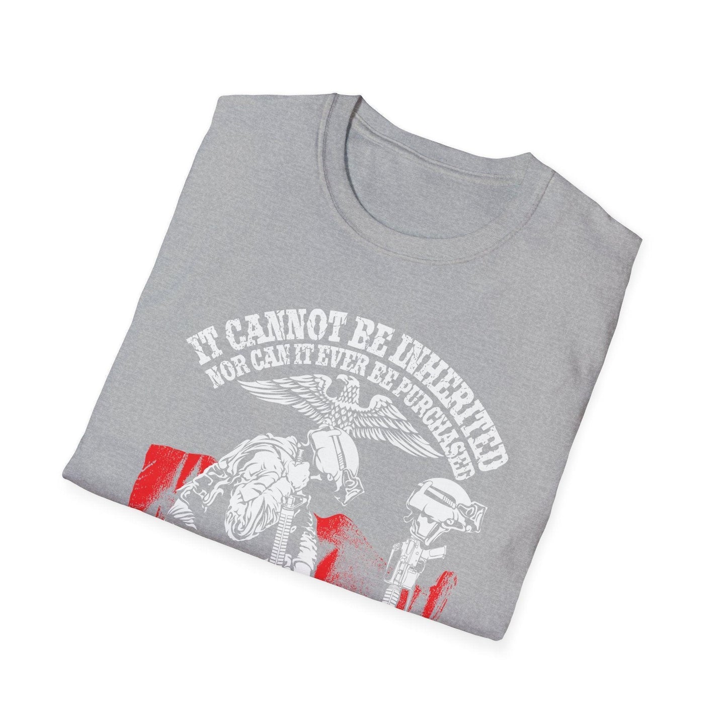 Close-up of the unisex softstyle T-shirt's collar and sleeve seam showcasing smooth fabric finish and clean stitching