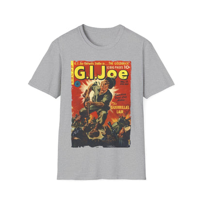 Close-up of the G.I. Joe No.11 Apr unisex softstyle T-shirt's fabric texture and neatly stitched crew neckline from a