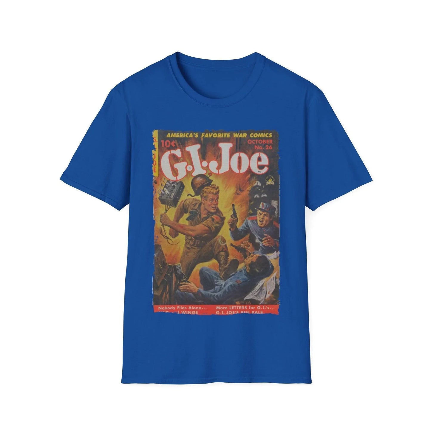 Close-up of the G.I. Joe No.26 unisex softstyle T-shirt’s relaxed fit and vibrant navy blue color from the front neckline