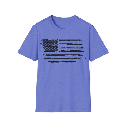 Close-up of distressed black and white American flag pattern on soft, slim-fit T-shirt fabric, highlighting textured print