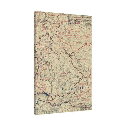 Close-up of detailed map markings and faded manuscript notes on the textured canvas surface from the 11 July 1945 HQ Twelfth