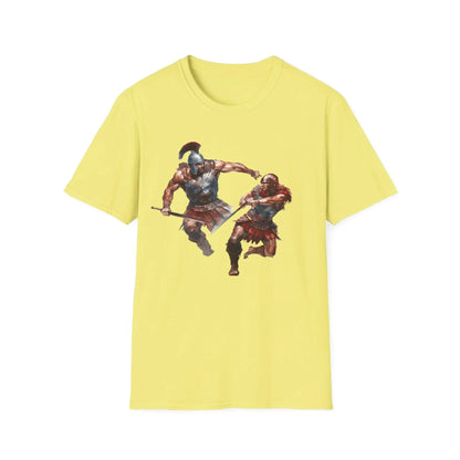 Close-up of the unisex softstyle fabric showing the smooth, relaxed fit and subtle heather grey color from a front angled