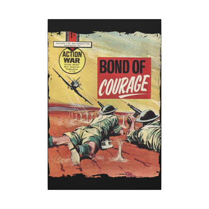 Close-up of the textured canvas surface highlighting detailed print of Action War #12 comic book cover with vibrant colors