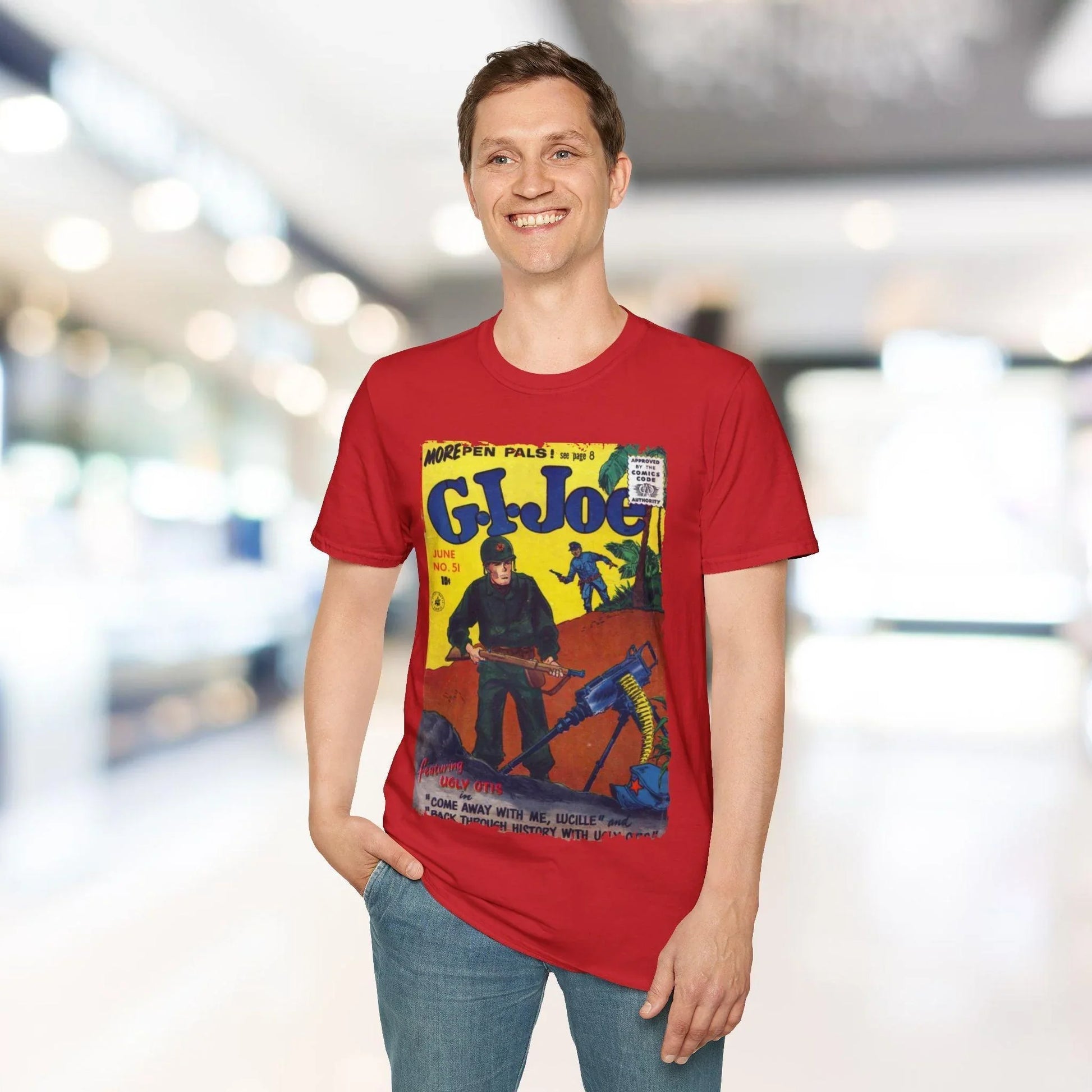 Close-up of the unisex softstyle T-shirt's lowercase G graphic and subtle seam stitching on the relaxed fit, showcasing