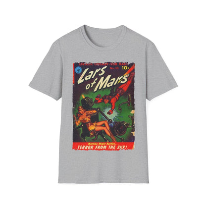 Close-up of the Lars of Mars 10 T-shirt collar showing the sewn-in label and smooth reinforced neckline stitching detail.