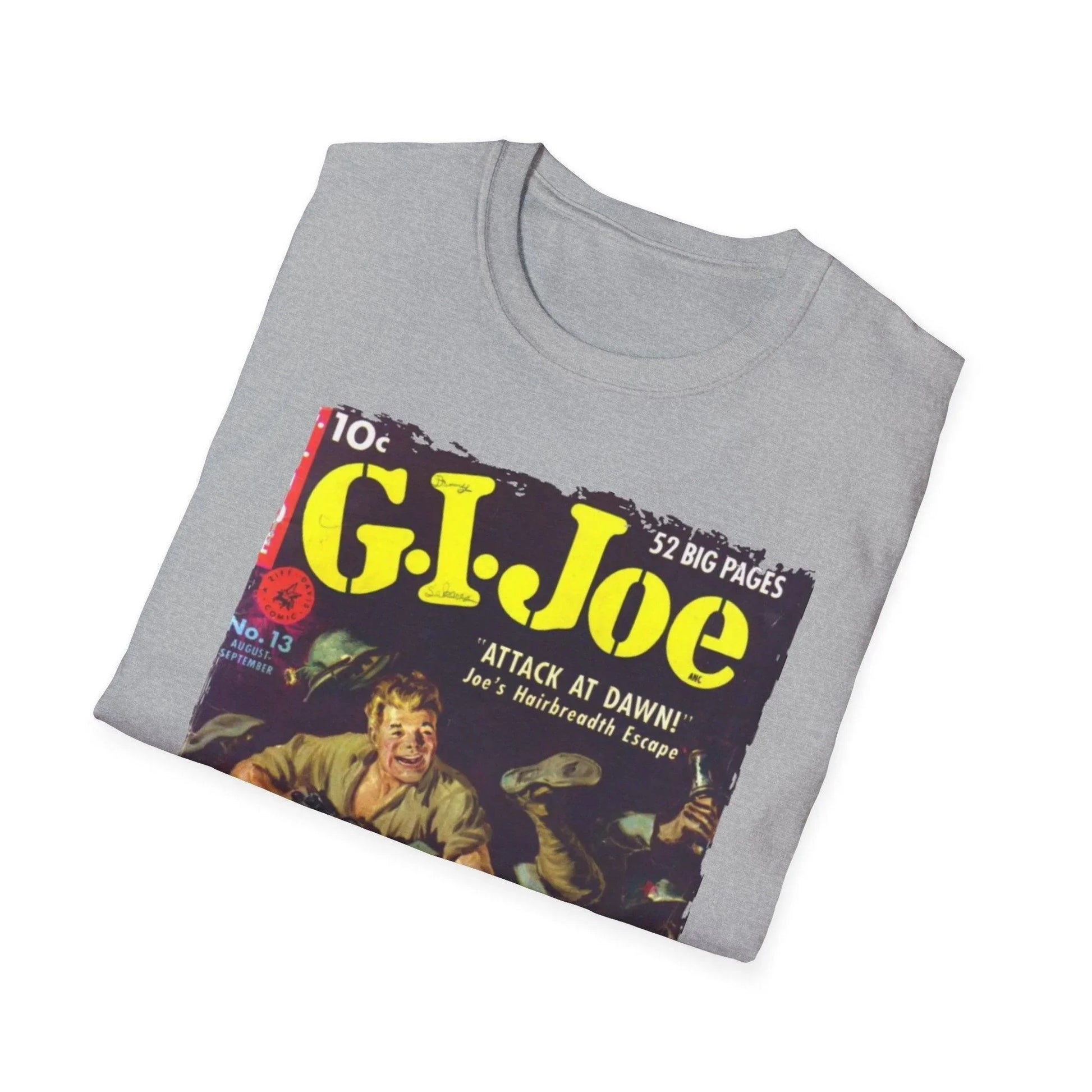 Close-up of the G.I. Joe No.13 softstyle T-shirt’s navy fabric showing subtle texture and relaxed fit detail at the hem
