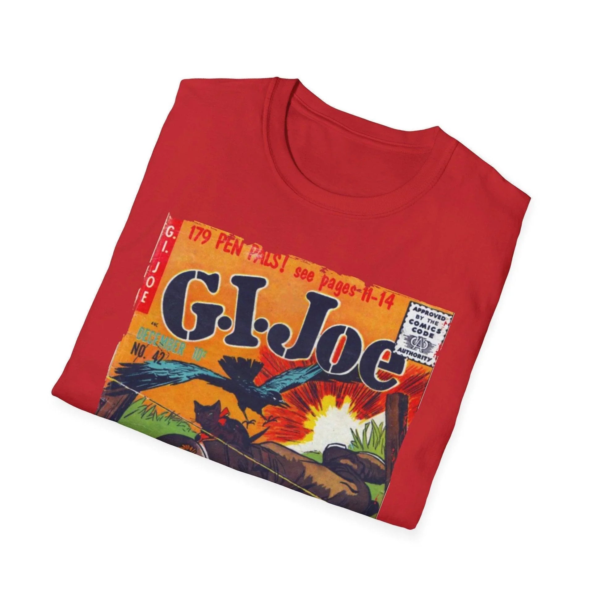 Close-up of the G.I. Joe No.42 unisex softstyle T-shirt's collar and neckline stitching in vibrant red color with visible