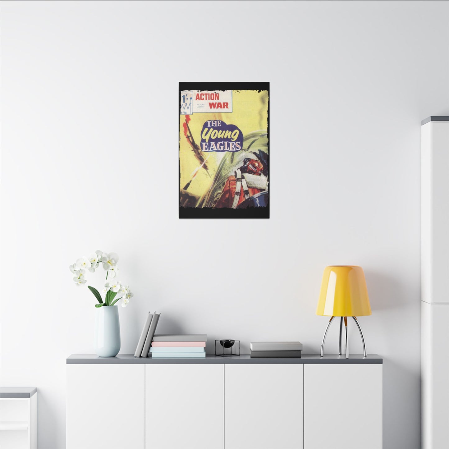 Close-up of the textured canvas surface featuring subtle brushstroke details and vibrant color accents on the "Action War