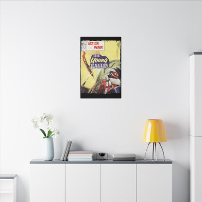 Close-up of the textured canvas surface featuring subtle brushstroke details and vibrant color accents on the "Action War