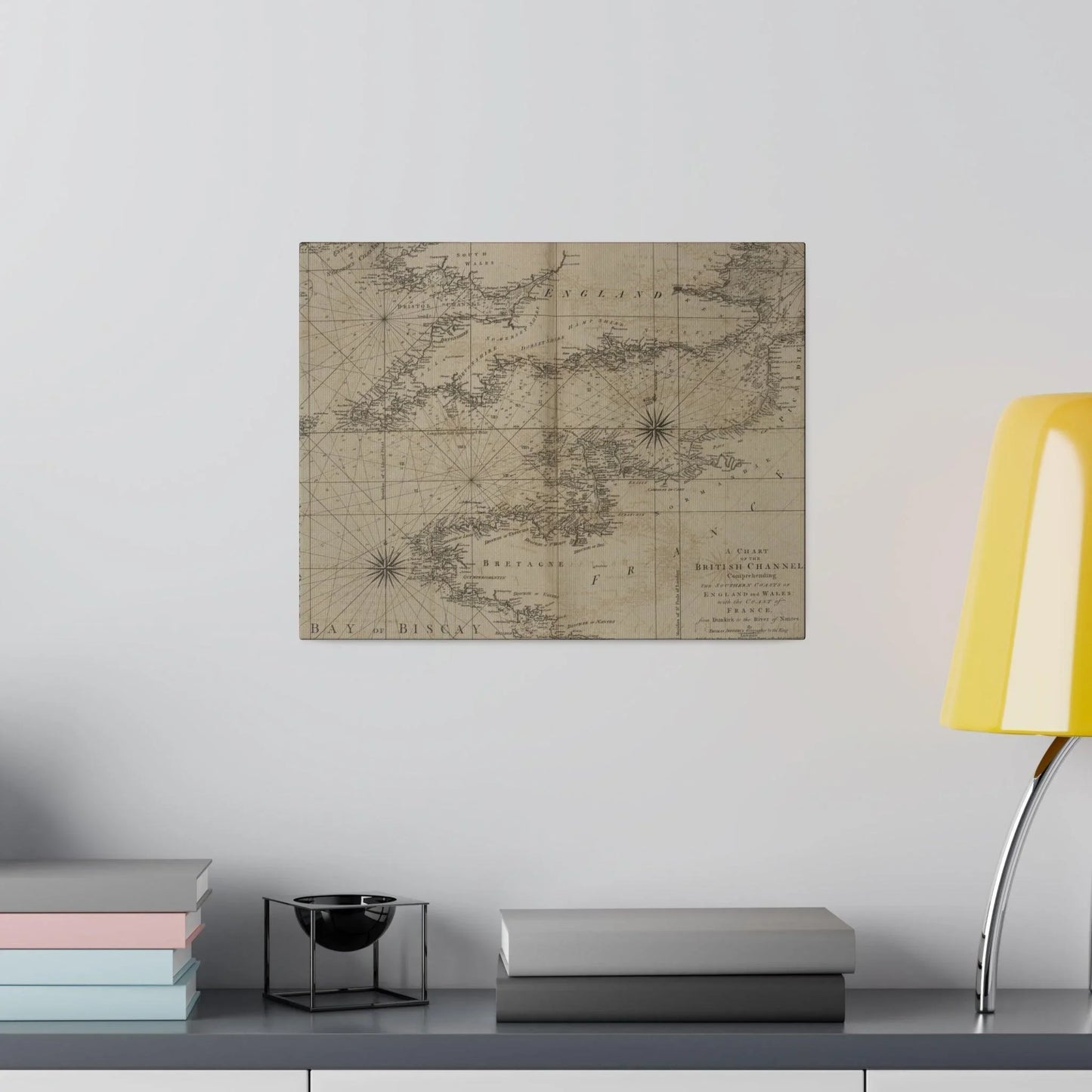 Close-up of the British Channel chart's detailed coastline outline with intricate inlets and island features on textured