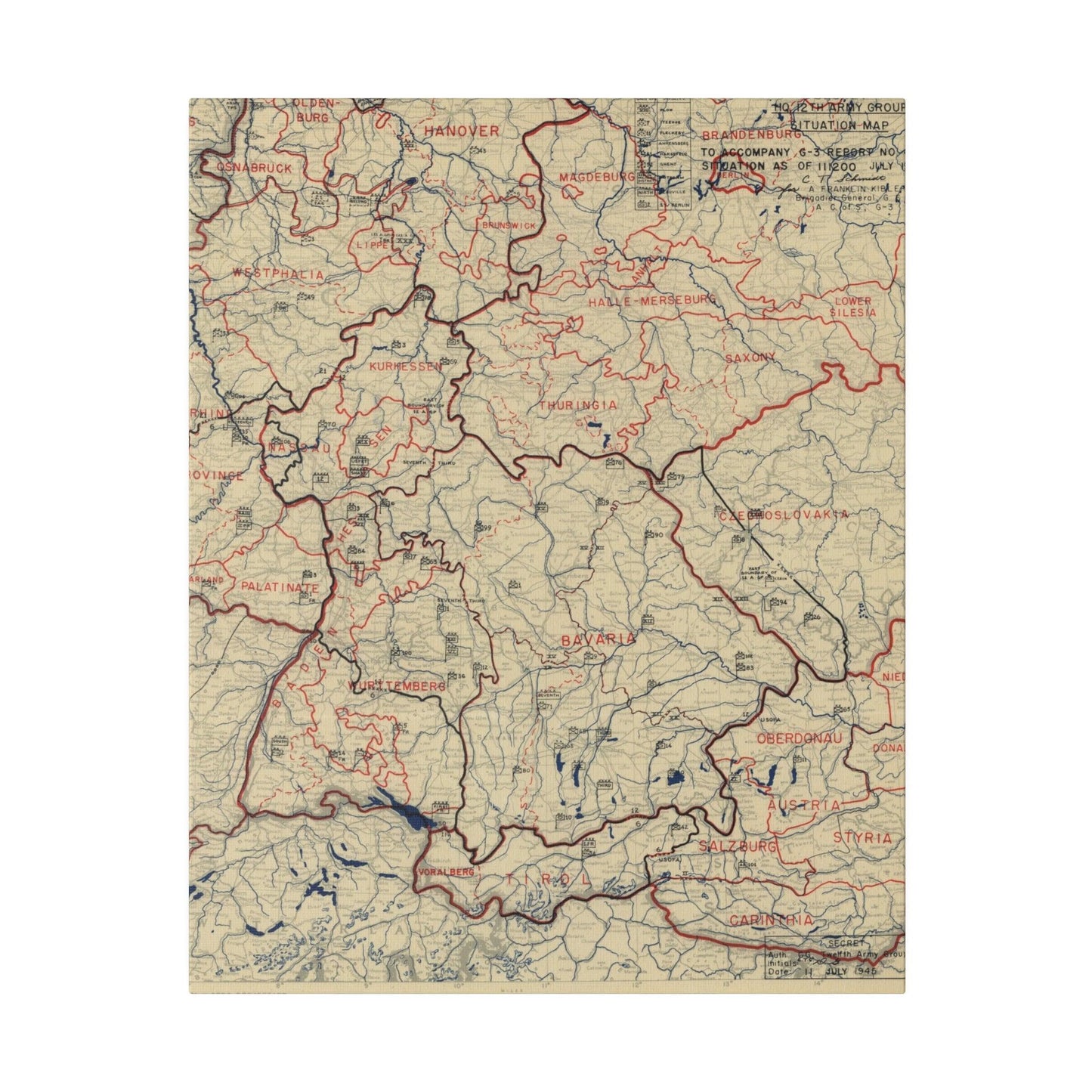 Close-up of the detailed map grid and handwritten annotations highlighting troop positions from the 11 July 1945 HQ Twelfth