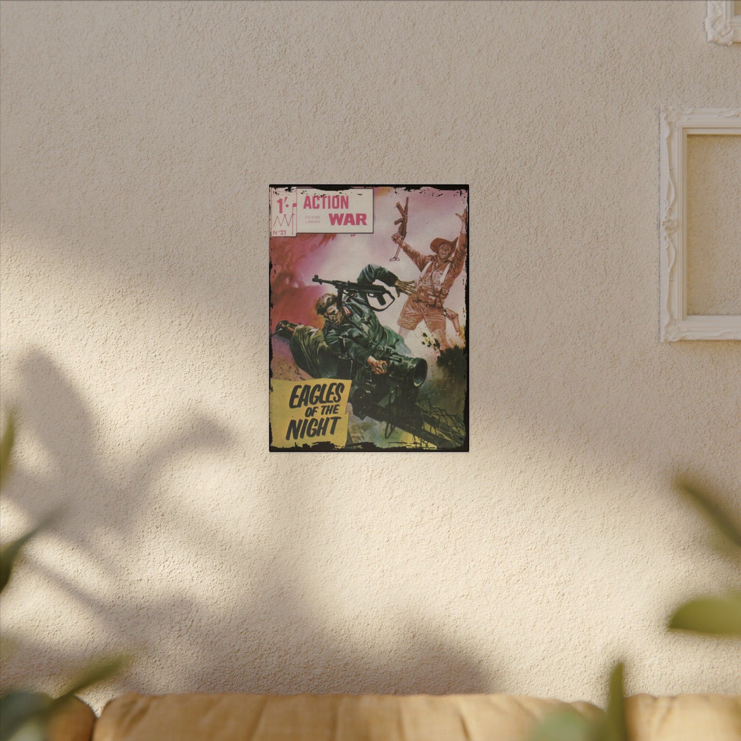 Close-up of the Action War #21 canvas edge showing textured print details and vibrant coloration along the side panel