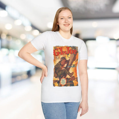 Close-up of the G.I. Joe No.17 unisex softstyle T-shirt’s collar stitching and fabric texture from a front-angled view.