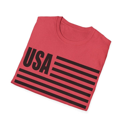 Close-up of the black and white American flag graphic on the front chest area of the relaxed-fit unisex T-shirt, showcasing