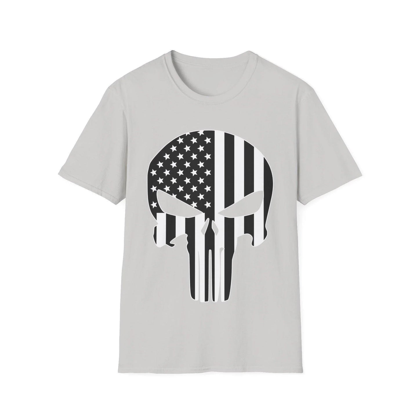 Close-up of black and white American Skull Flag graphic printed on relaxed-fit white cotton T-shirt neckline detail