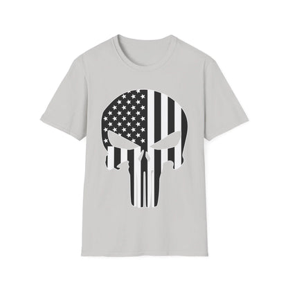 Close-up of black and white American Skull Flag graphic printed on relaxed-fit white cotton T-shirt neckline detail