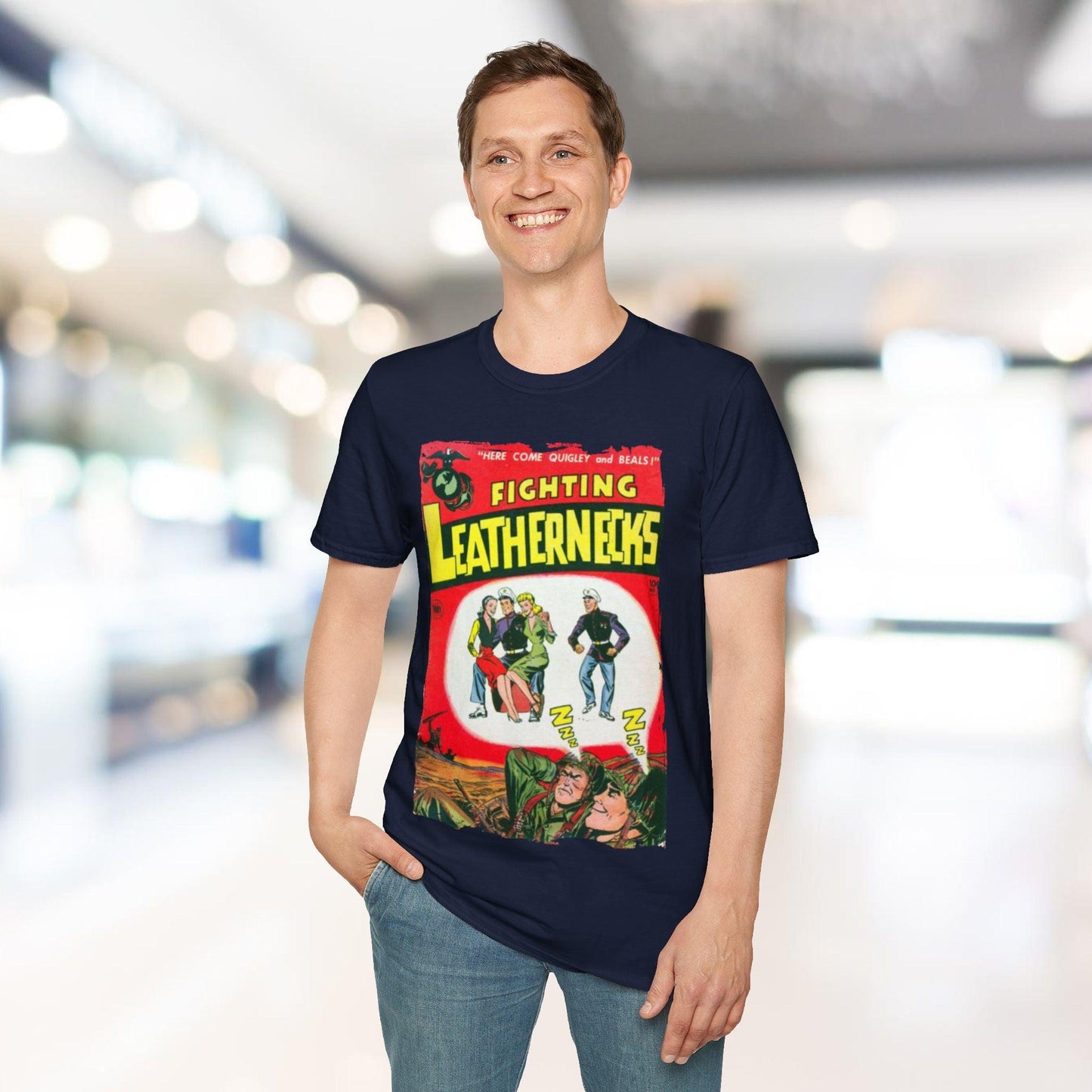 Close-up of the Fighting Leathernecks #4 unisex softstyle t-shirt fabric showing smooth, relaxed fit in navy blue with