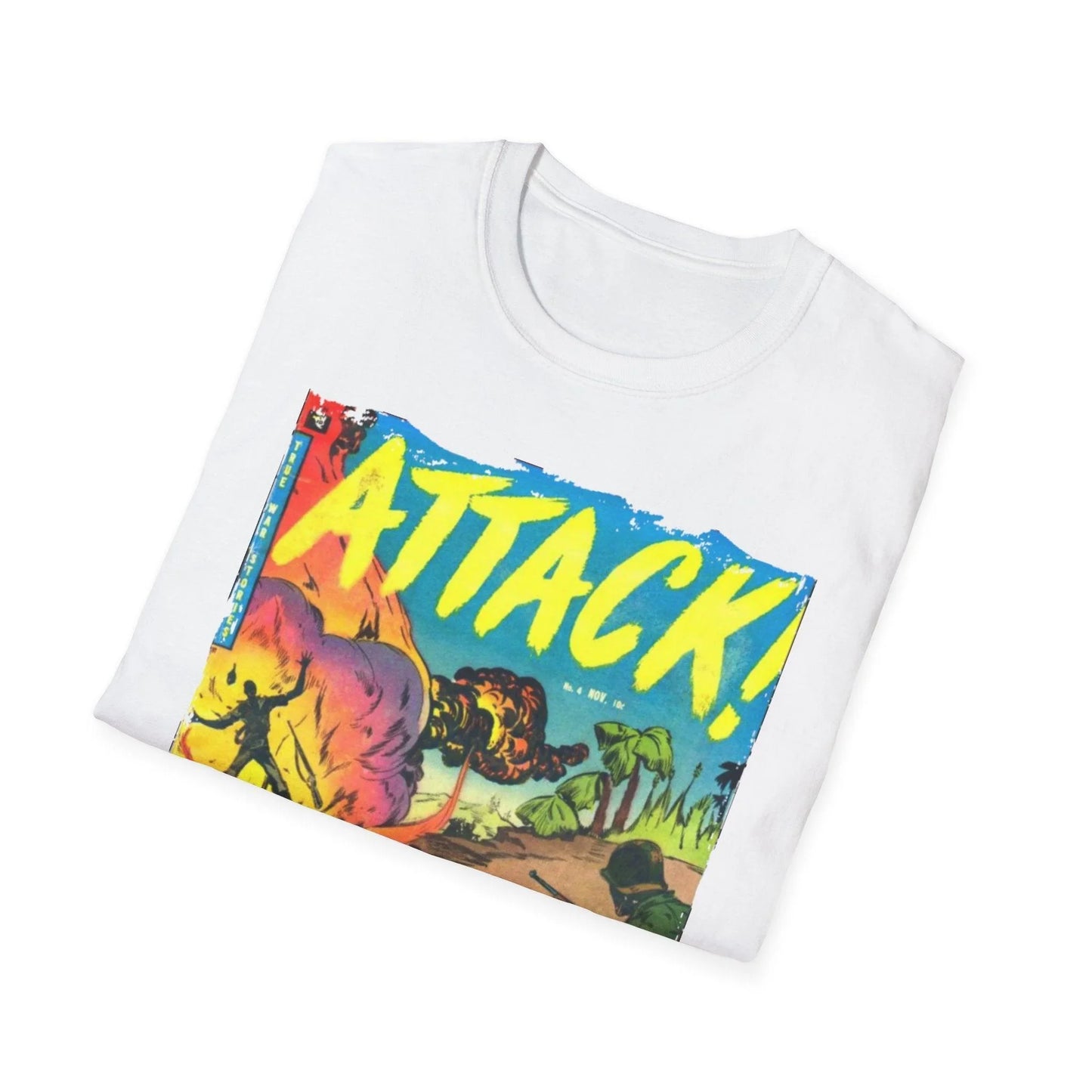 Close-up of the white crewneck neckline and reinforced stitching on the Attack! Nov 1952 unisex softstyle T-shirt's fabric