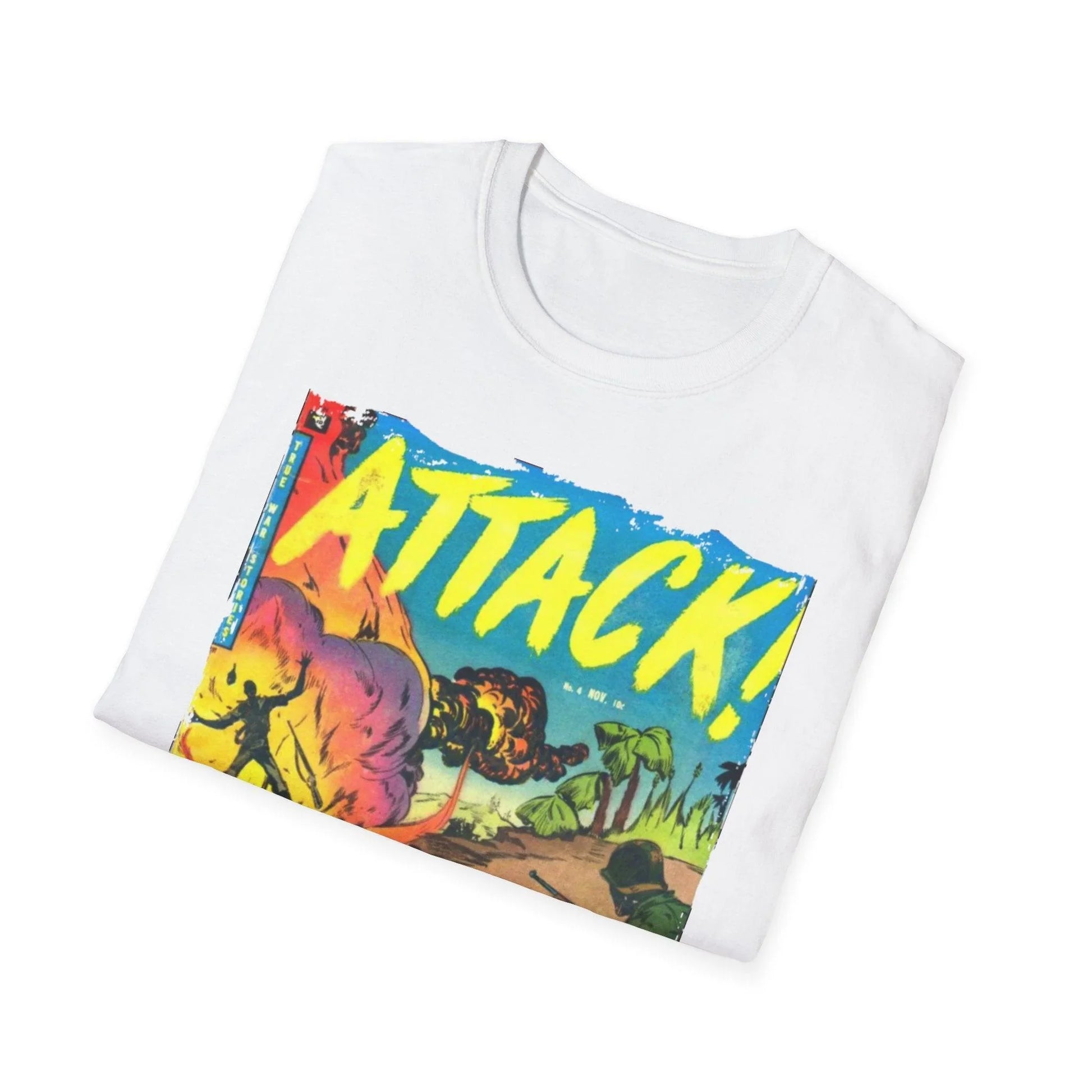 Close-up of the white crewneck neckline and reinforced stitching on the Attack! Nov 1952 unisex softstyle T-shirt's fabric