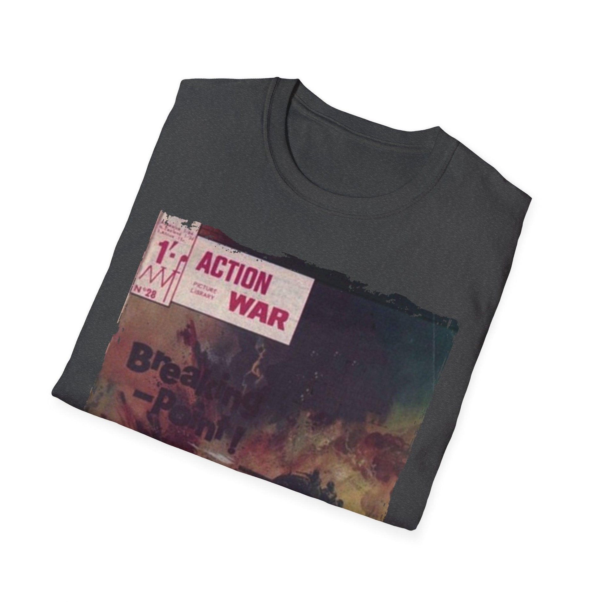 Close-up of the charcoal gray unisex softstyle T-shirt fabric’s smooth texture and subtle stitching detail at the shoulder