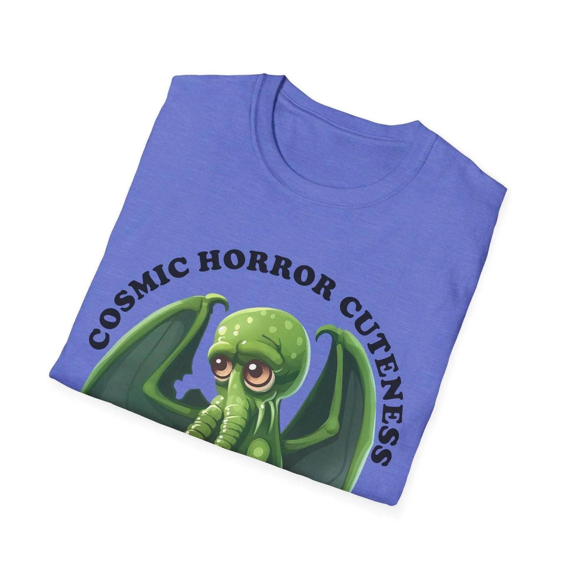 Close-up of the Cosmic Horror Cuteness T-Shirt’s soft cotton fabric showcasing the vibrant, detailed front graphic from a