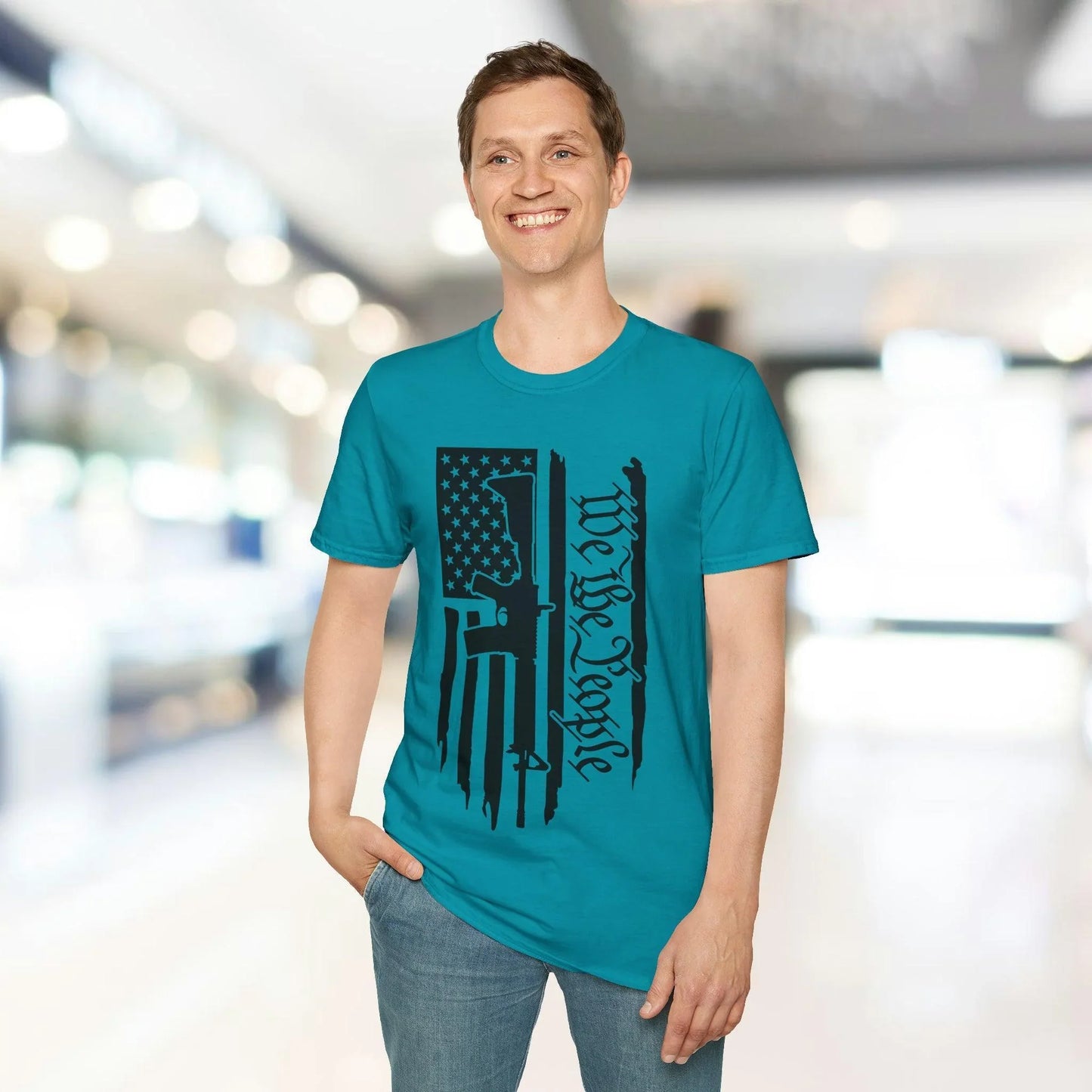 Close-up of distressed black-and-white American flag print on softstack fabric, highlighting subtle fabric texture and